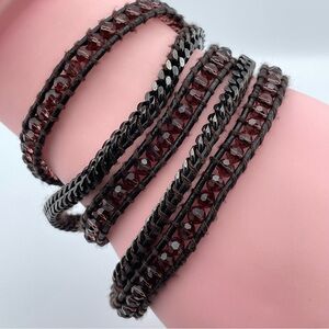 Victoria Emerson 5-Wrap Bracelet Brown Beads & Black Chain Leather